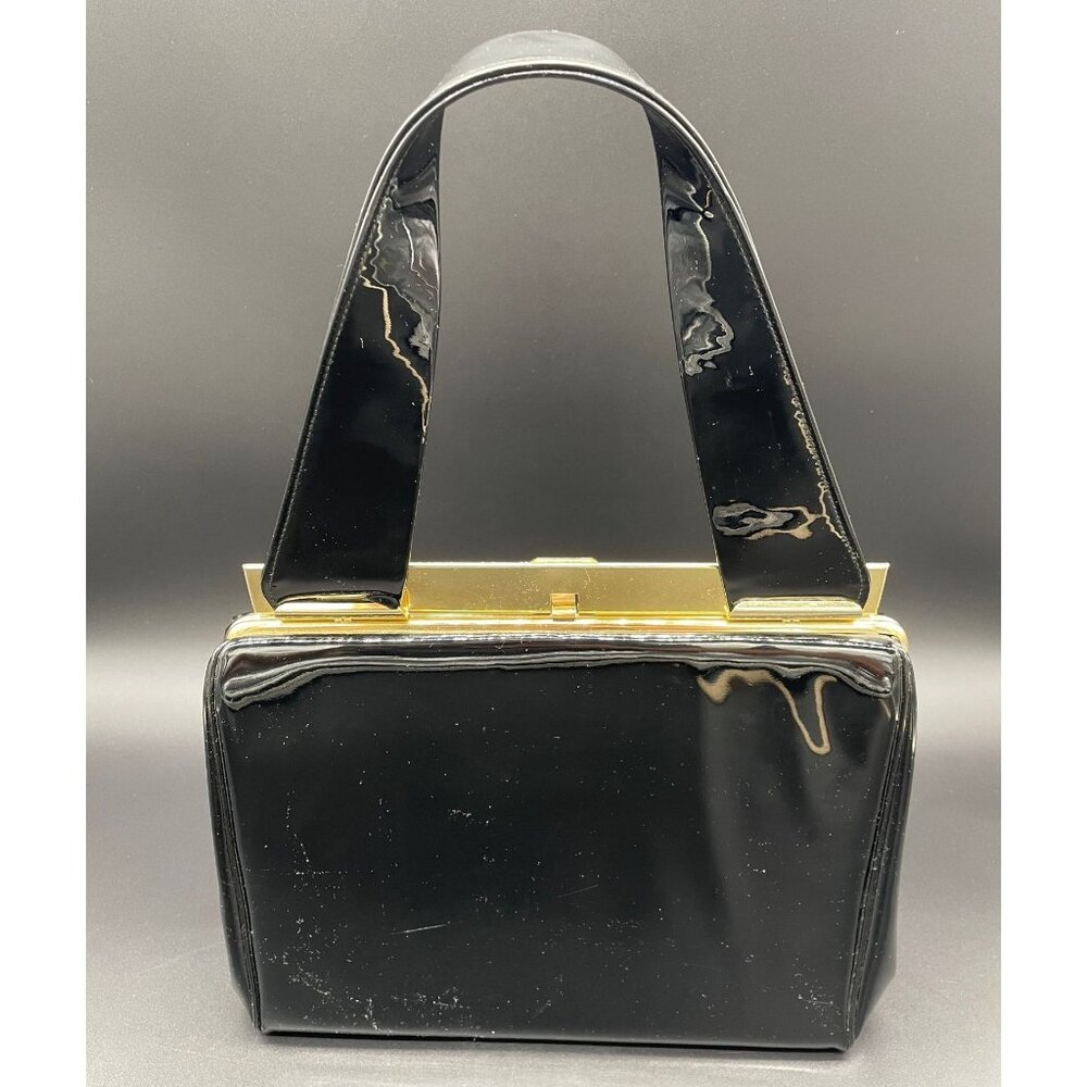 Vintage Black Patent Leather Handbag Gold Tone Memphis Cotton Carnival 1965 Card - Picture 3 of 10